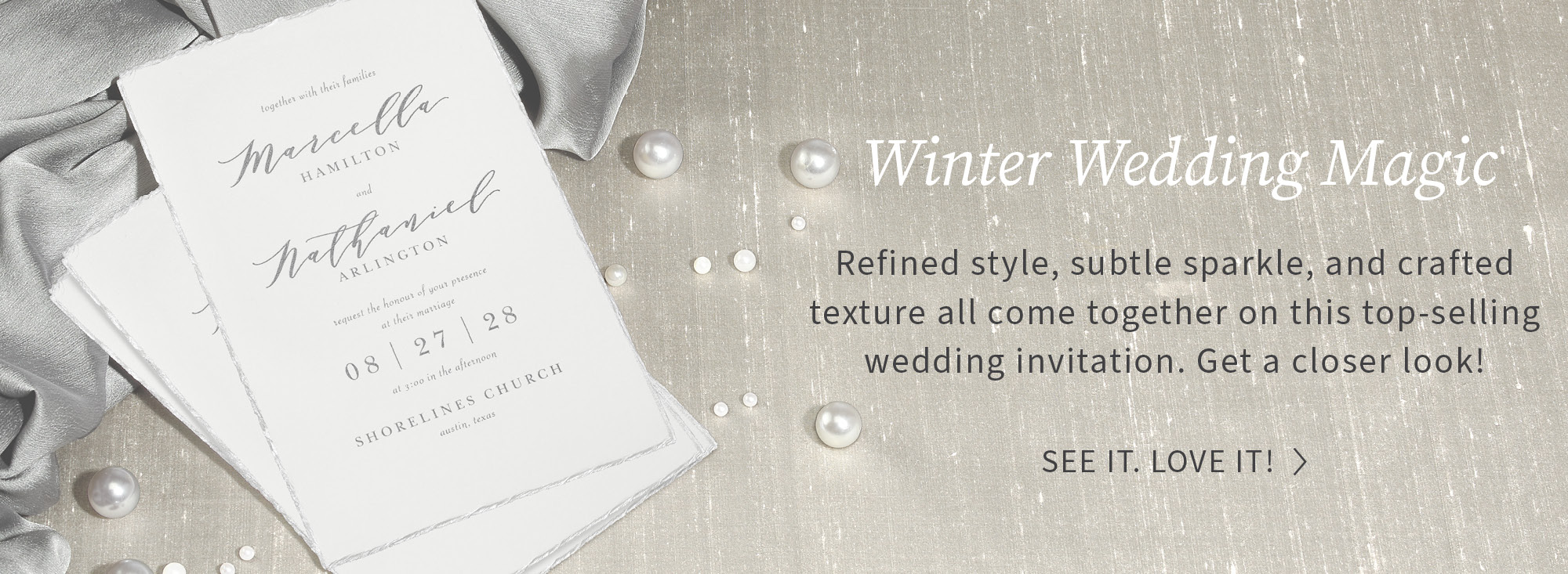 Refined style, subtle sparkle, and crafted texture all come together on this top-selling wedding invitation.